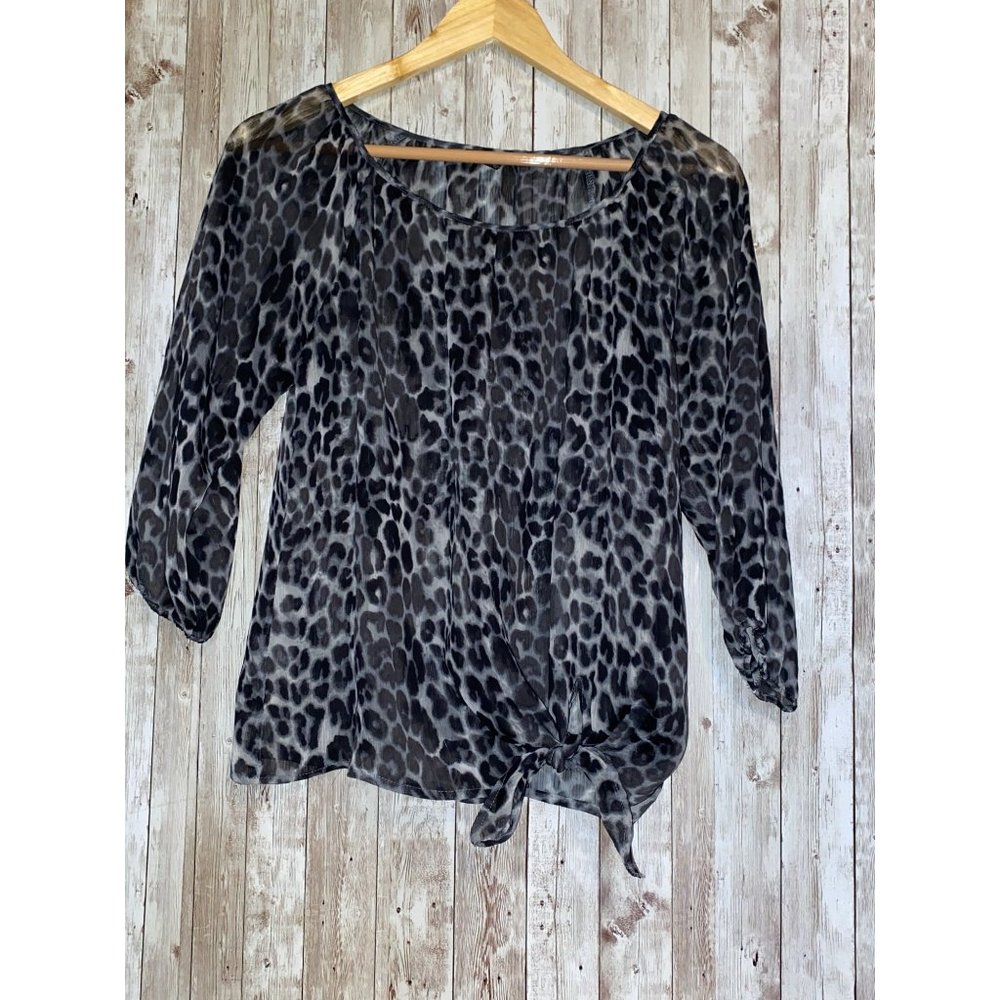 Women's Express Sheer Gray Leopard Animal Print Shirt Blouse Top Size XS
